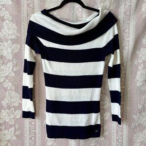 Tommy Hilfiger Women's White and Navy Striped Off Shoulder Sweater